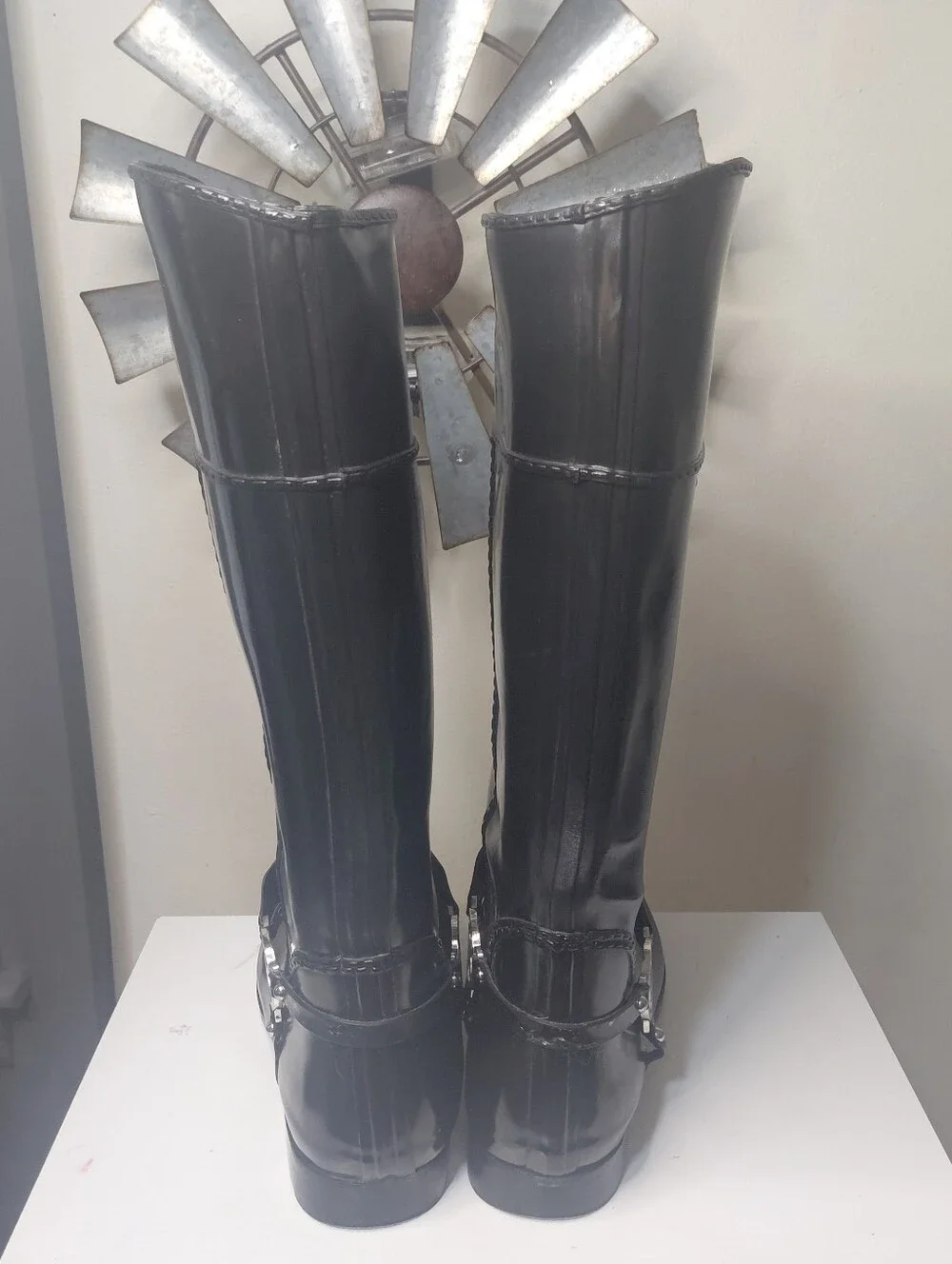 Michael Kors Fulton Black Knee High Rain Boot Logo Harness Size 9